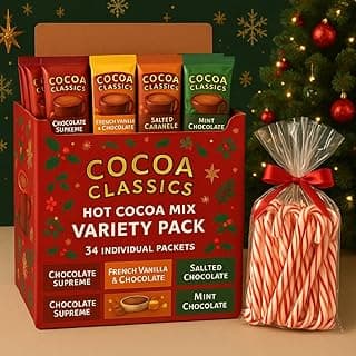 Hot Chocolate Cocoa Mix Variety Gift Pack – 34 Individual Packets – French Vanilla, Salted Caramel, Mint & Chocolate Supreme Flavors – Instant Hot Cocoa Mix – Christmas Holiday Gift with Candy Canes