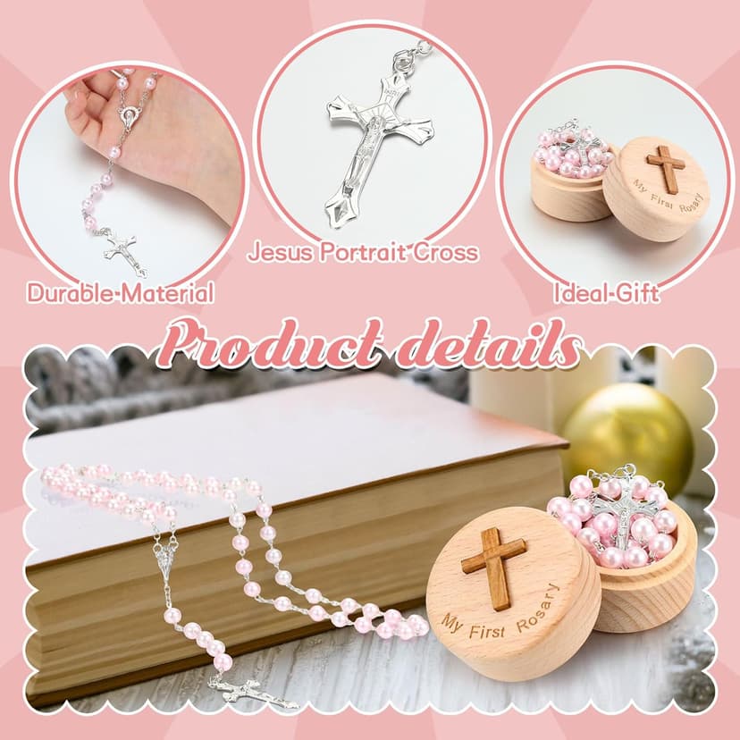 Baptism Gifts for Girls Boys Rosary Catholic My First Rosary and Keepsake Box for Baby Shower Holy First Communion Christian Beads Gifting Set(Pink)