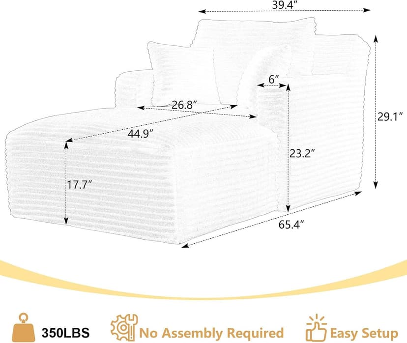 65.4" Chaise Lounge Chair Indoor, Corduroy Oversized Boneless Lounge Chair Single Sofa Bed with 3 Pillows, Deep Seat Comfy Upholstered Reading Chair for Living Room, Bedroom, Apartment Beige