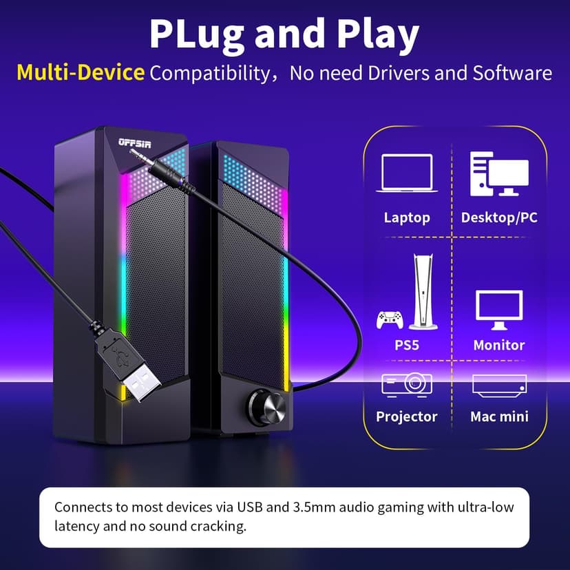 Computer Speakers, 2 in 1 PC Speaker , Gaming Speakers for PC Computer Laptop Desktop Monitor, RGB Speakers with Touch Sensitive Lighting, USB Powered 3.5mm Aux(Package Only Two Speaker, No Soundbar)