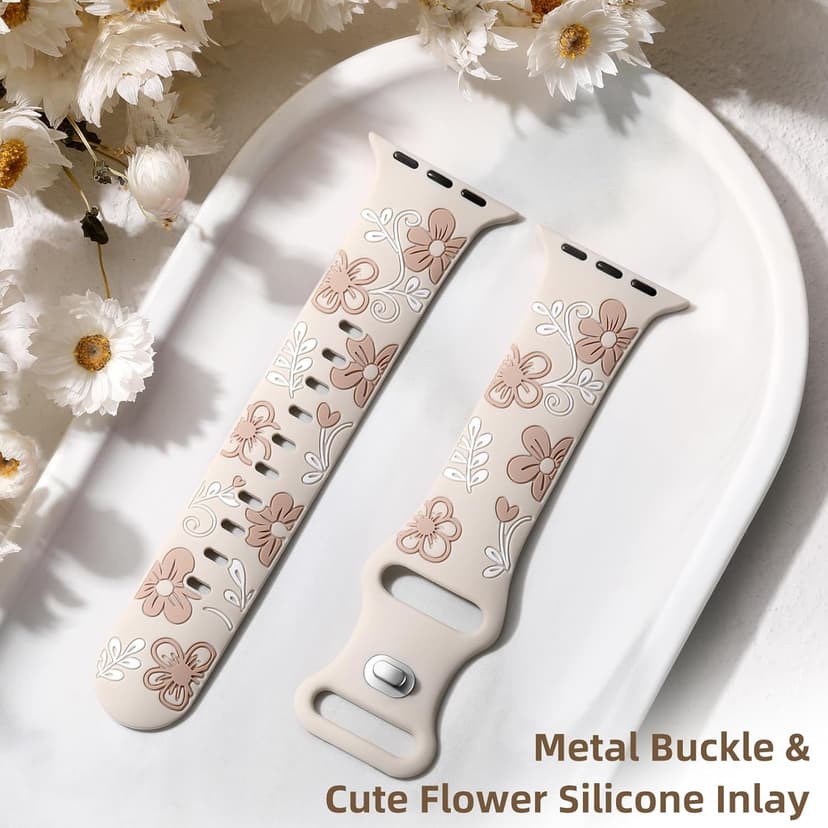 Witzon Floral Band Compatible with Apple Watch Bands For Women 40mm 41mm 38mm 42mm 44mm 45mm 46mm 49mm, Engraved Cute Flower Silicone Dressy Strap for iWatch Series 11 10 9 8 7 6 5 4 3 2 SE Ultra