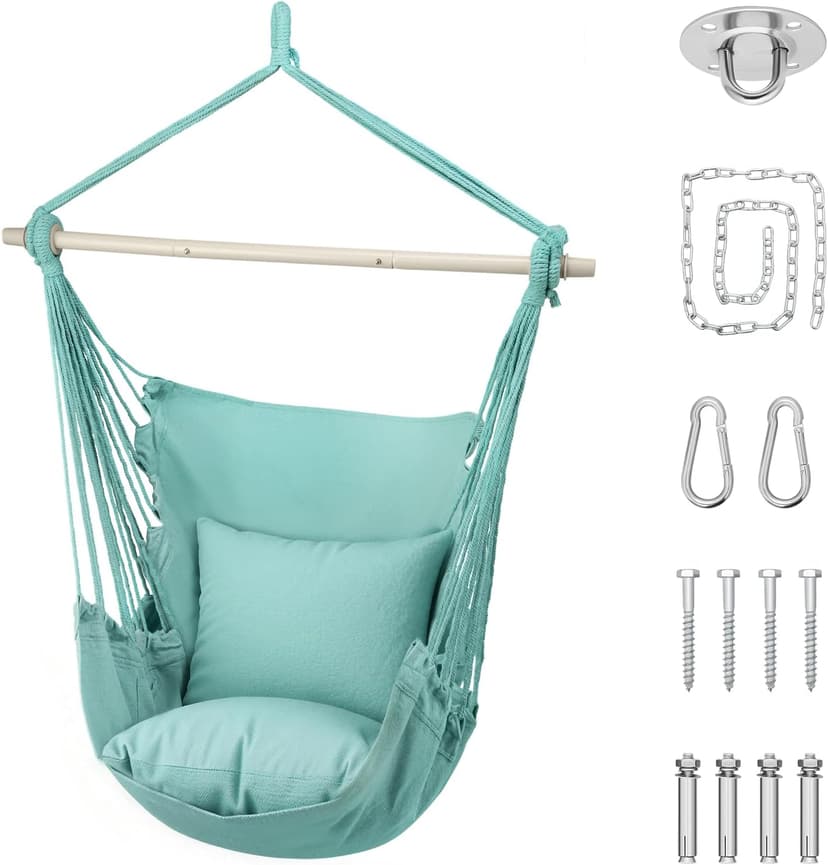 Athena Collection Hammock Chair Hanging Rope Swing Chair with 2 Cushions, Max 350 Lbs, Hanging Macrame Chair with Anti-Slip Grooves Spreader Bar and Pocket for Outdoor Indoor Patio Yard, Green