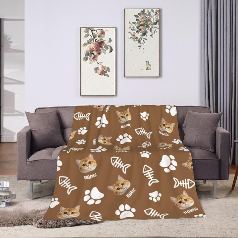 Personalized Cat Face Blanket Throws with Photos, Custom Pet Face Blanket, Cat Gifts for Pet Lovers, Customized Puppy Blanket for Adult Kid Birthday Christmas Fathers Mothers Valentines Gift