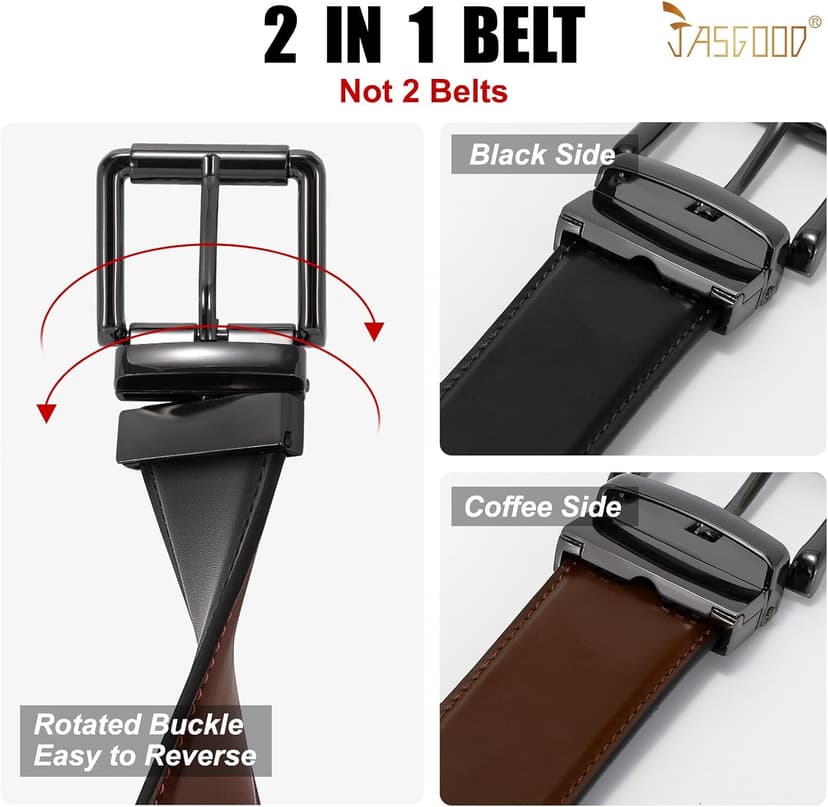 JASGOOD Men's Belt, Reversible Leather Belts for Men for Dress Pants, One Reverse For 2 Sides Casual Belt