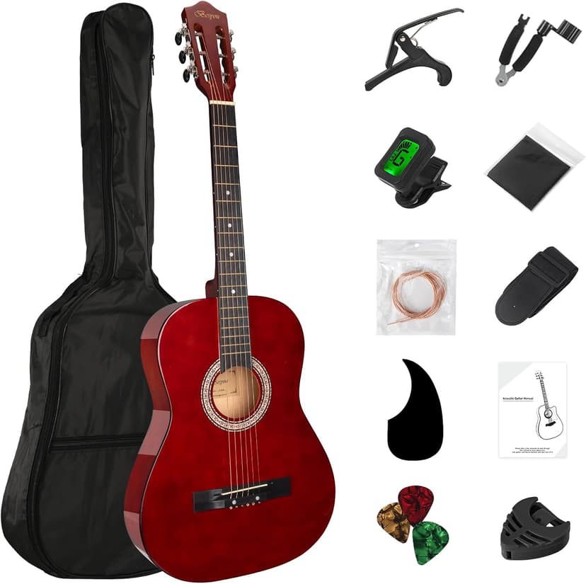BESYOU 38in Beginner Acoustic Travel Guitar Basic Starter Kit Tuner Capo Strings Winders Strap Picks Pickguard with Gig Bag Starter Practice Guitar For Kids Teens Students Adults