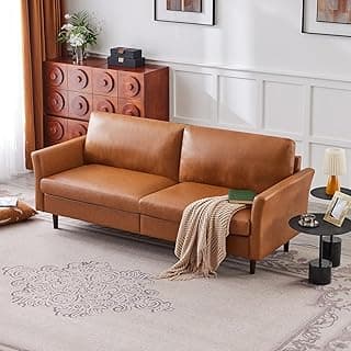 Kingfun Faux Leather 3 Seat Couch for Living Room, Mid Century Modern Sofa with Rolled Arms and Deep Seats, Fluffy Comfort for Apartment, Easy to Assemble, Chestnut