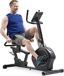 Sunny Health & Fitness Smart Heavy-Duty Recumbent Bike w/Wide Cushioned Seat & Back, Indoor Cycling Machine for Adult/Seniors Home Exercise, Free SunnyFit App Connect, Optional Workout Training Bands