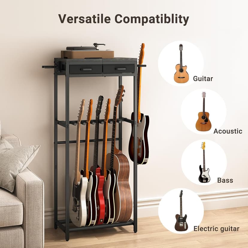 ELYKEN Guitar Stand, Guitar Rack with 2 Hangers and Storage Drawers for Guitar Accessories, Multiple Guitar Holder for Acoustic Electric Guitar, Bass, Ukulele, Instrument, Music Studio, Black