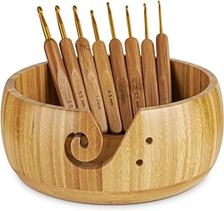 Wooden Yarn Bowl Holder, Craft Knitting Bowl with 8pcs Metal Crochet Hooks, 7.9''Large Yarn Holder Dispenser Yarn Storage Bowls, for Knitters & Crocheters (Bamboo 7.9 inch)