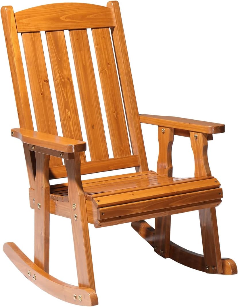 VINGLI Wooden Rocking Chair, Patio Rocker with Higher Backrest, Heavy Duty 600 LBS Outdoor Rocking Chair for Garden, Yard, Balcony, Teak