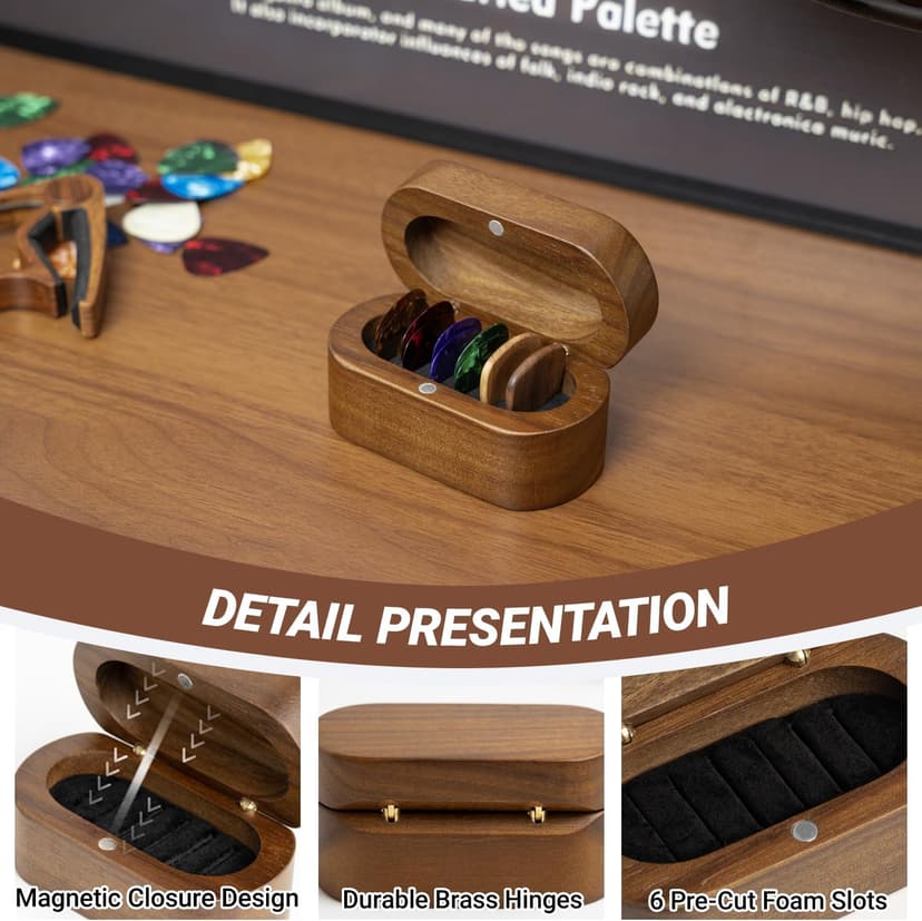 Onmiwod Guitar Pick Holder Set with 2 Color Wood Picks and 8 Celluloid Picks in 3 Thicknesses, Wooden Guitar Pick Case, Mini Jewelry Box, Guitar Music Accessories Gifts for Guitar Lover Player B0FMS2J7FV