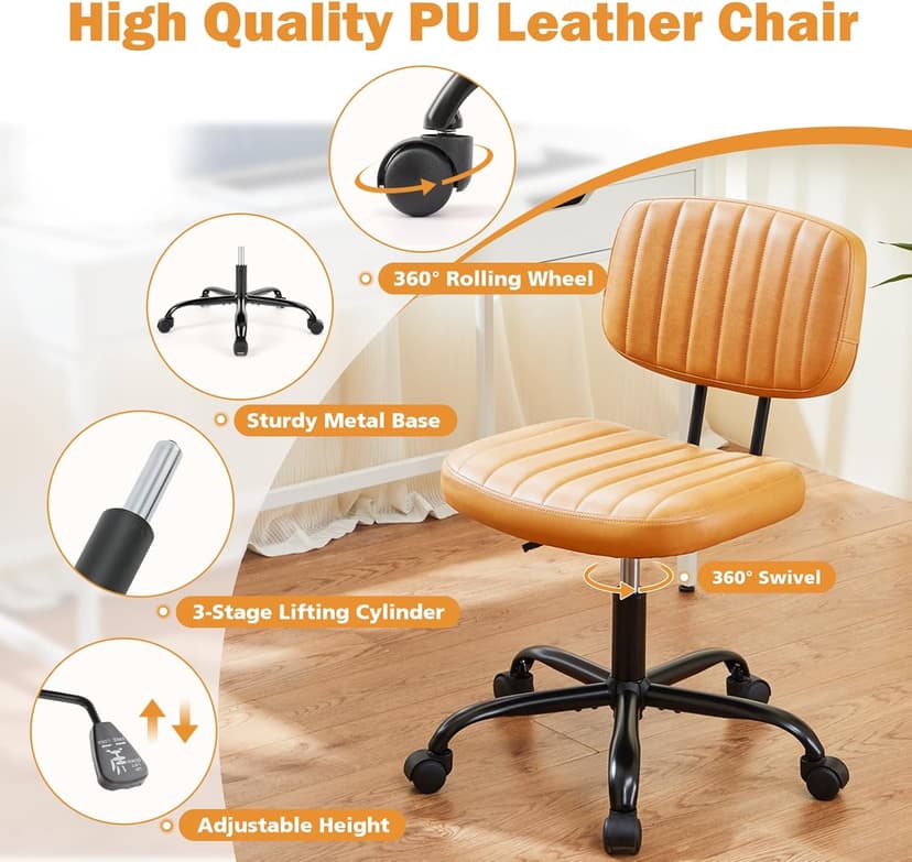 Sweetcrispy Small Office Desk Chair - Armless PU Leather with Comfy Lumbar Support, Height Adjustable Rolling Swivel Task for No Arms, for Adult, Student, Bedroom, Home, Vanity, Brown