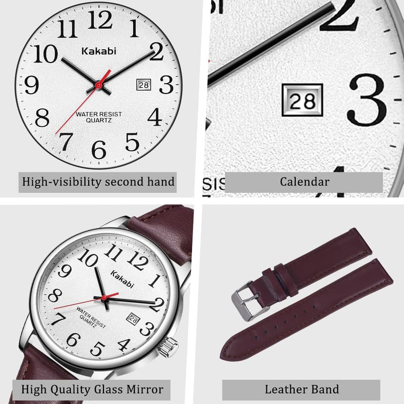Kakabi Watch for Men, Easy Reader Unisex Analog Quartz Waterproof Wristwatch with Date and Leather Band, Casual Simple Fashion Mens Watches Gift