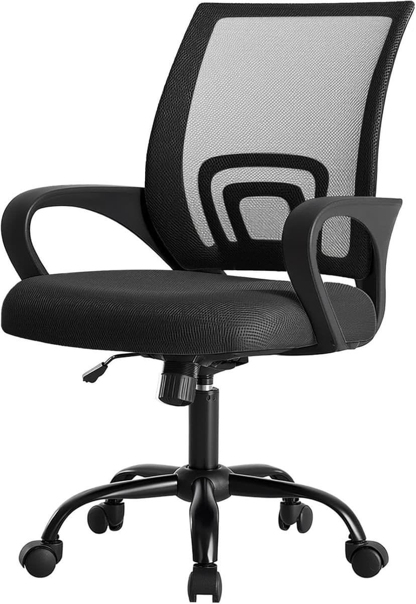 DUMOS Home Office Chair - Ergonomic Mid Back Mesh Desk Chair with Lumbar Support & Rocking Mode, Height Adjustable with Fixed Armrest, for Computer, Gaming, Meeting, 360° Swivel, Black
