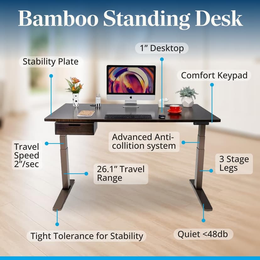 UPLIFT DESK Bamboo (48 x 30 inch) Standing Desk 2-Leg V3 Adjustable Stand Up C-Frame (Black), Advanced Keypad, Wire Grommets, Wire Tray, Rocker Board