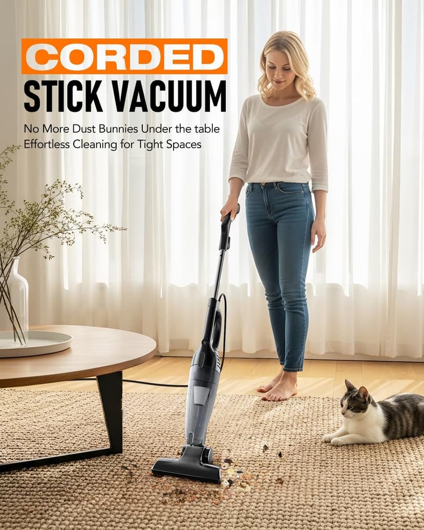 Avvnee Corded Stick Vacuum Cleaner – 15000Pa Strong Suction 600W Motor, Ultra-Light 3 lbs Design for Pet Hair, Hard Floors & Low-Pile Rugs | Includes Crevice Tool, 1L Dust Cup, 16.7ft Cord (Black)