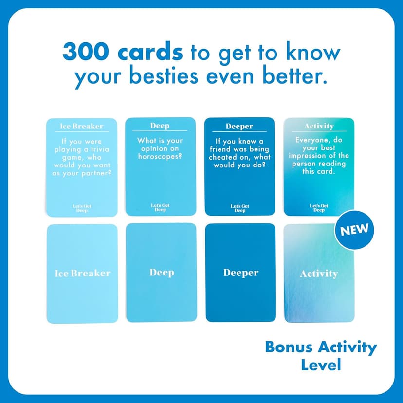 Let's Get Deep: Friends Edition by Relatable, Fun Group Card Game, Easy Adult Game for Game Night, Perfect for Party Games with Friends, Includes 400 Question Cards, Three Increasingly Personal Levels