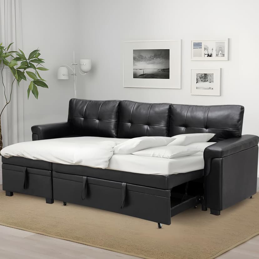 Naomi Home Modern Sectional Sofa with Storage Chaise Black/Air Leather