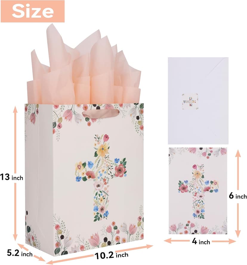 Qirrmiy 13" Large Light Yellow Floral Gift Bag Set with Greeting Card and Tissue Papers for First Communions, Baby Girl Baptisms, Christenings, Religious Occasions - 10.2'x5.2'x13', 1 Pcs.