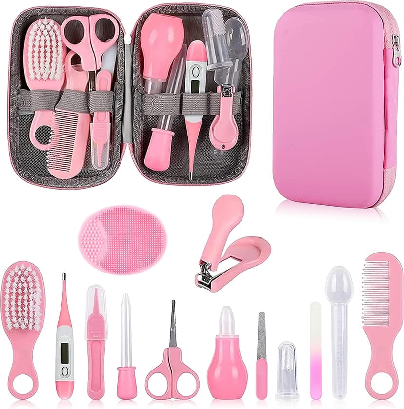 Baby Grooming Kit, Infant Safety Care Set with Hair Brush Comb Nail Clipper Nasal Aspirator,Baby Essentials Kit for Newborn Girls Boys (Pink Baby Grooming kit) B0BJ6YM9JX