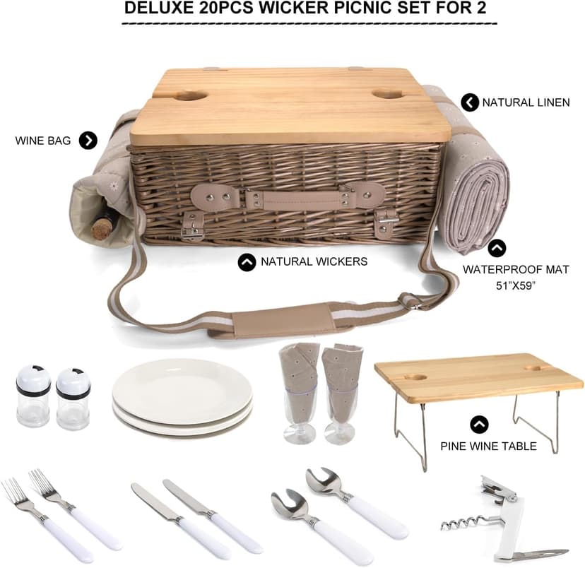 Multifunctional Wicker Picnic Basket Set for 2 with Blanket and Picnic Table, Insulated Picnic Set with Full Tablewares for Camping Outdoor Couples, Flowers B0D4Q11DMV