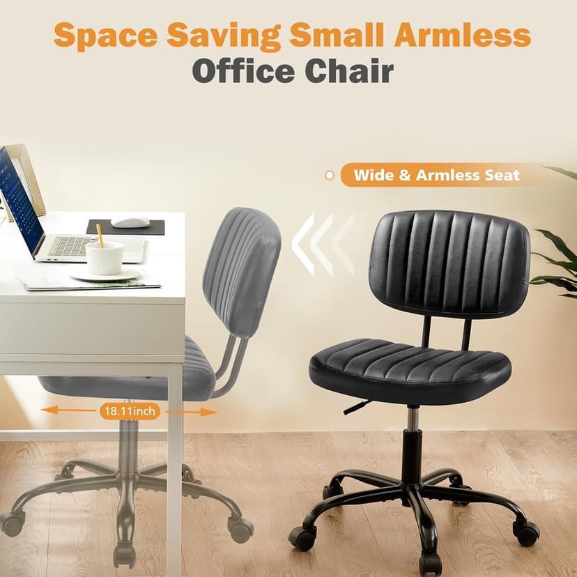 Sweetcrispy Small Office Desk Chair - Armless PU Leather with Comfy Lumbar Support, Height Adjustable Rolling Swivel Task for No Arms, for Adult, Student, Bedroom, Home, Vanity, Black
