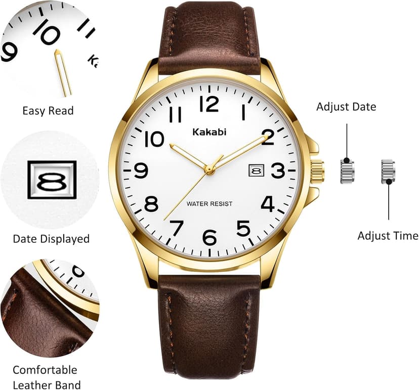 Kakabi Watch for Men, Fashion Minimalist Wrist Watch Waterproof Quartz Analog Date with Leather Strap