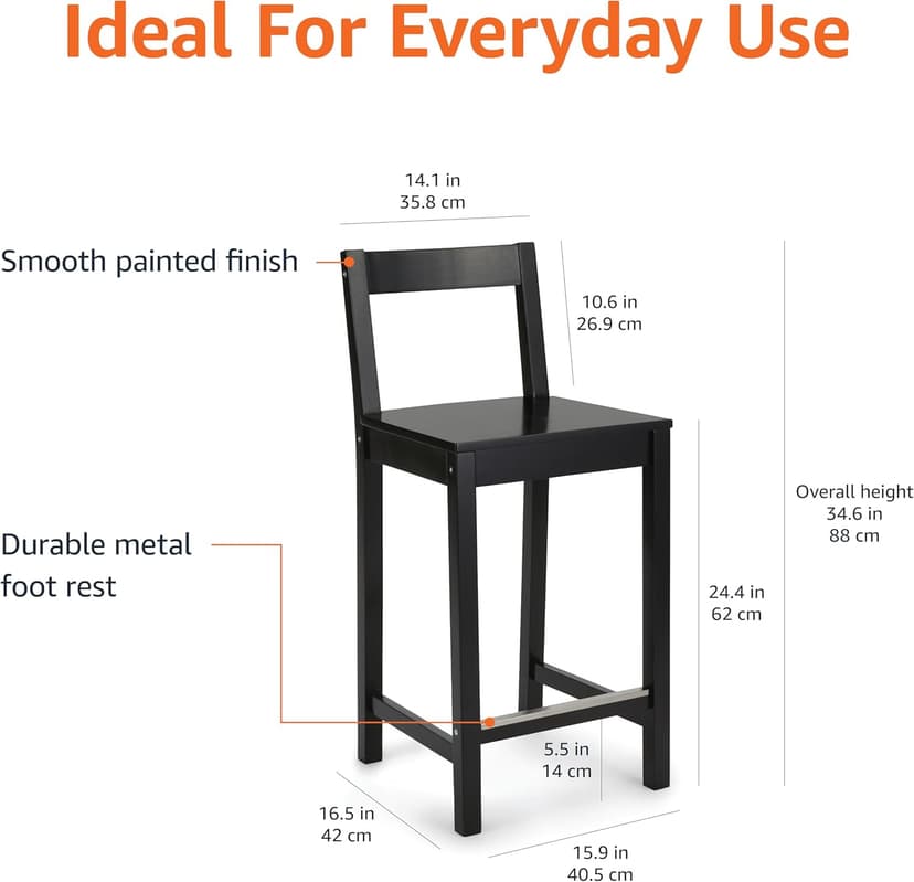 Amazon Basics Wooden Counter Height Bar Stool with Backrest for Kitchen Island, 24", Black, Set of 2