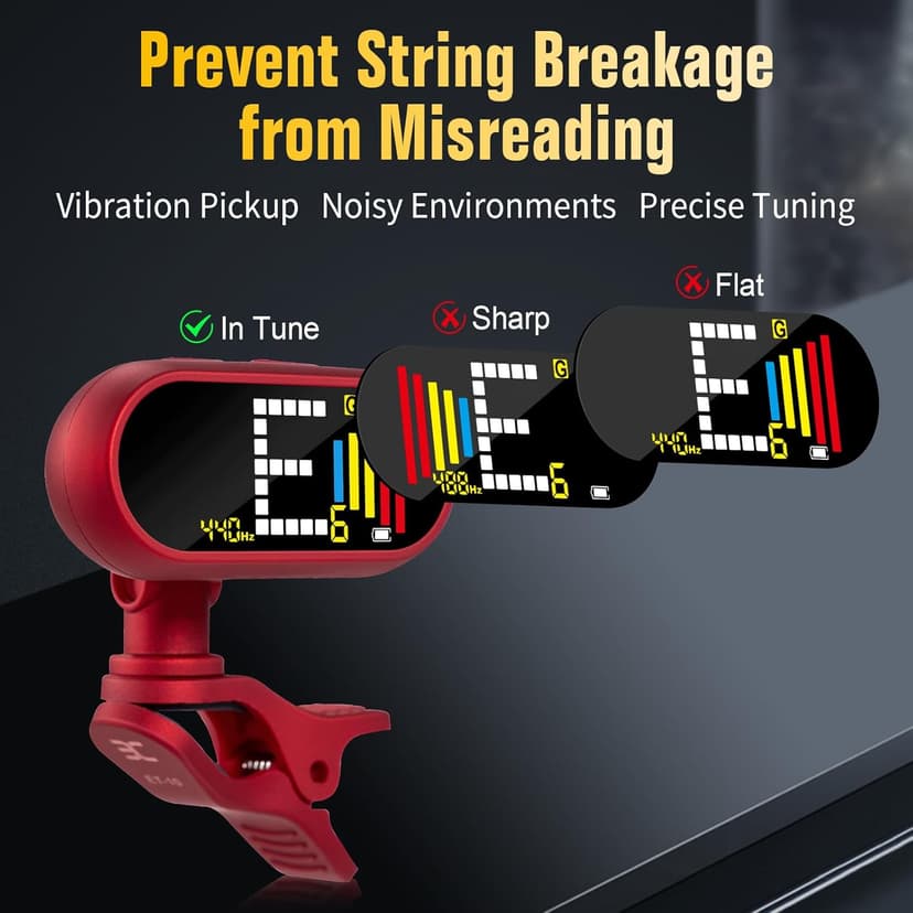 EX Professional Rechargeable Chromatic Clip-On Guitar Tuner — Fast, Ultra-Accurate Clip-On Tuner with Color LCD for Acoustic Guitar, Bass Guitar, Ukulele & Violin, Red