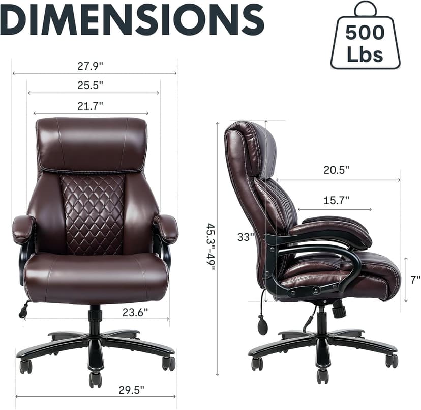 FLEXISPOT 500lbs Big and Tall Office Chair for Heavy People, Heavy Duty Computer Chair with Stable Arms Adjustable Lumbar Support Metal Base, Desk Chairs for Home Office Gaming Working, Leather, Brown