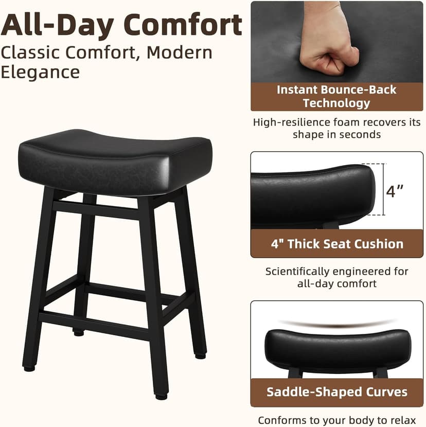 Counter Height Bar Stools Set of 2, 24 Inch Backless BarStools for Kitchen Island Leather Saddle Bar Chairs Kitchen Stools with 4" Thick Seats & Heavy Duty Metal Base, Black