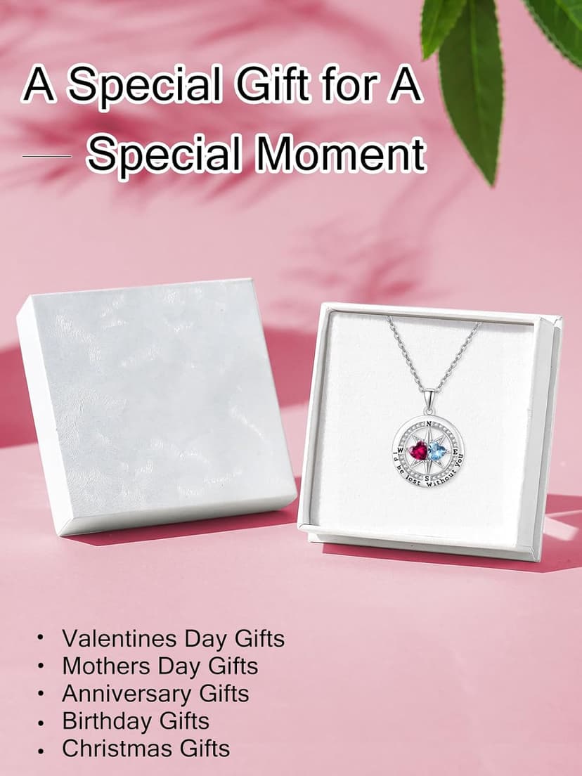 Exquisite Silver Double Birthstone Necklace Jewelry ‘I'd be Lost Without You’ Compass Birthstones Necklace Anniversary Birthday Gift for Wife Her B0GRGDWLWL