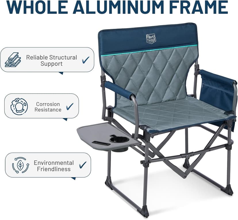 TIMBER RIDGE Aluminum Camping Directors Chair with Side Table Pocket, Portable Folding Chair, Heavy Duty Lawn Chair for Fishing Trip Picnic Concert Outdoor 400lbs, Navy