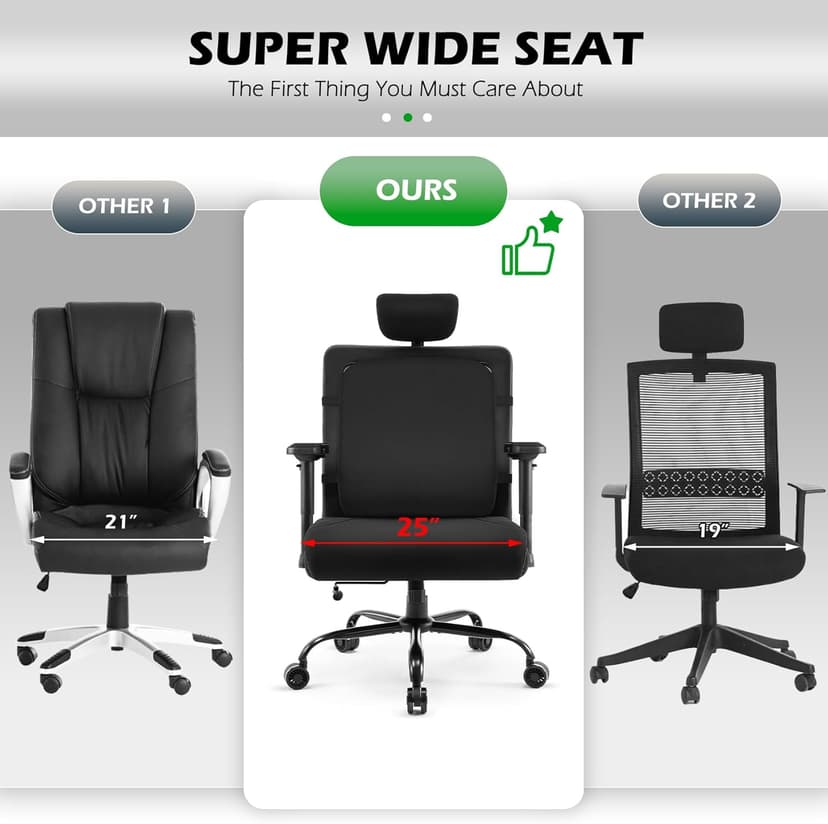 Extra Wide Seat Office Chair for Big and Tall 500lbs, with High Back Adjustable Headrest Lumbar Support Arms Wheels Heavy Duty (Breathable Fabric Seat)