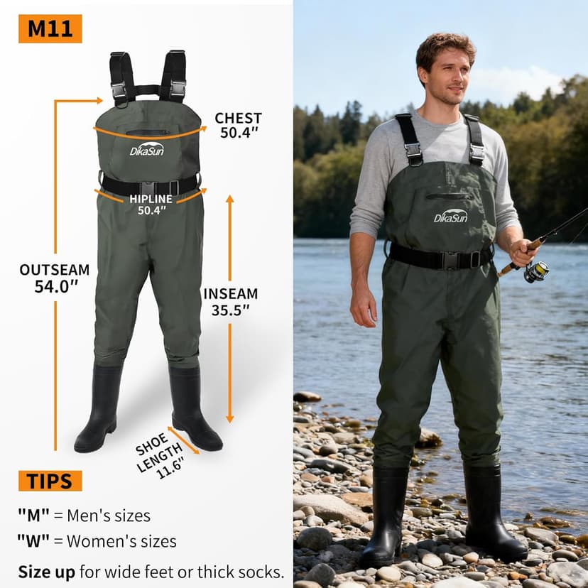 DikaSun Fishing Waders for Men & Women, Waterproof 2-Ply Nylon/PVC Chest Wader with Boots for Outdoor Sizes 4-13 Bootfoot