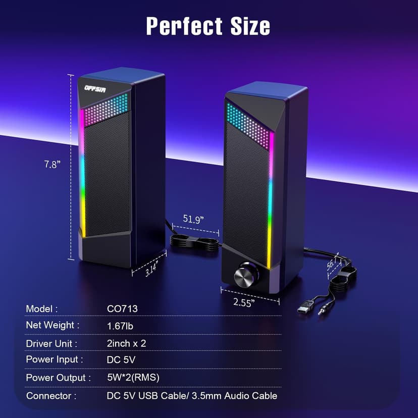 Computer Speakers, 2 in 1 PC Speaker , Gaming Speakers for PC Computer Laptop Desktop Monitor, RGB Speakers with Touch Sensitive Lighting, USB Powered 3.5mm Aux(Package Only Two Speaker, No Soundbar)