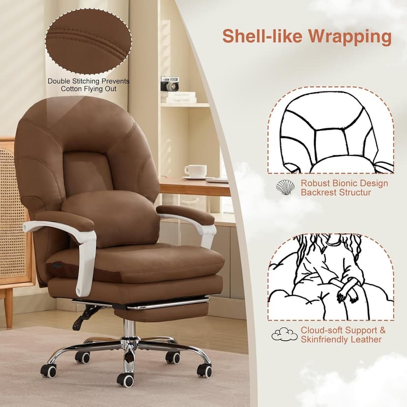 Ergonomic Office Chair for Big and Tall with Lumbar Support,Brown PU Leather High Back Executive Chair with Sedentary Vibration Reminder,Foot Rest,Reclining Function for Long Hours of Home Office