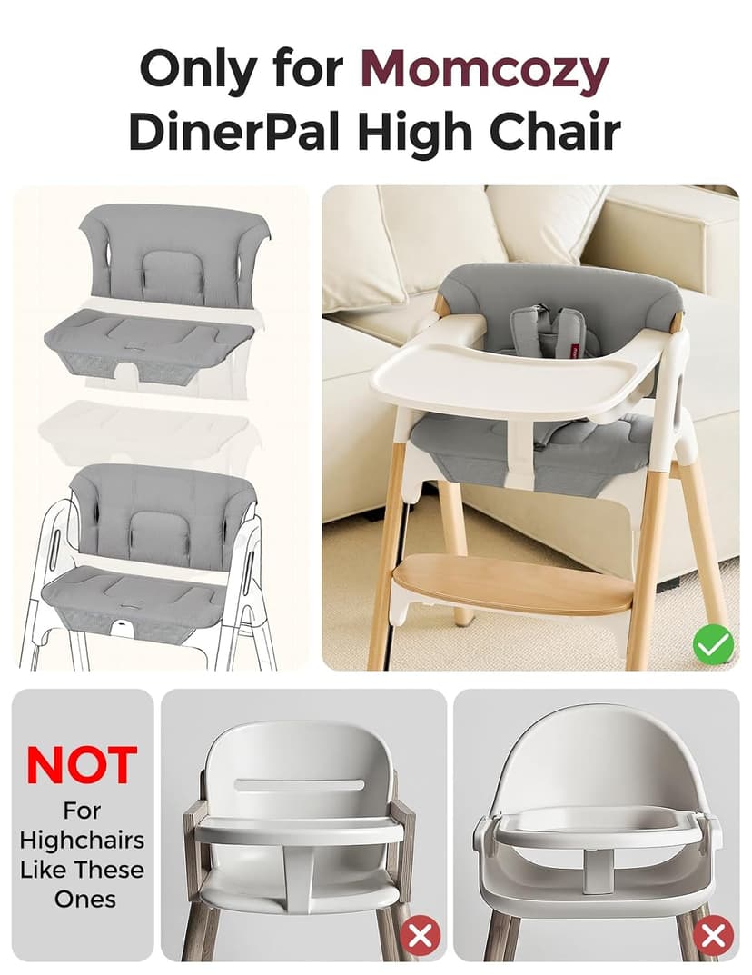 Momcozy High Chair Cushion & Backrest Set - Ergonomic Support for Dinerpal Chairs, Machine Washable Gray Seat Pad with Non-Slip Design