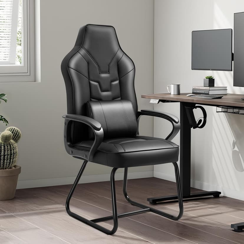 Leather Office Guest Chair No Wheels High Back Computer Reception Chairs with Padded Arms Waist Pillow for Gaming Meeting Conference Waiting Room, Black
