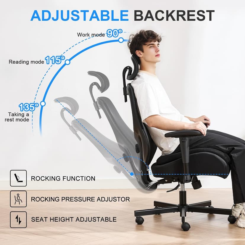 BOSMILLER Big and Tall Office Chair with Wide Thick Seat Cushion for Heavy People,700lbs Ergonomic Mesh Desk Chair with Adjustable Lumbar Support and Headrest, Armrests for Adults Sitting All Day