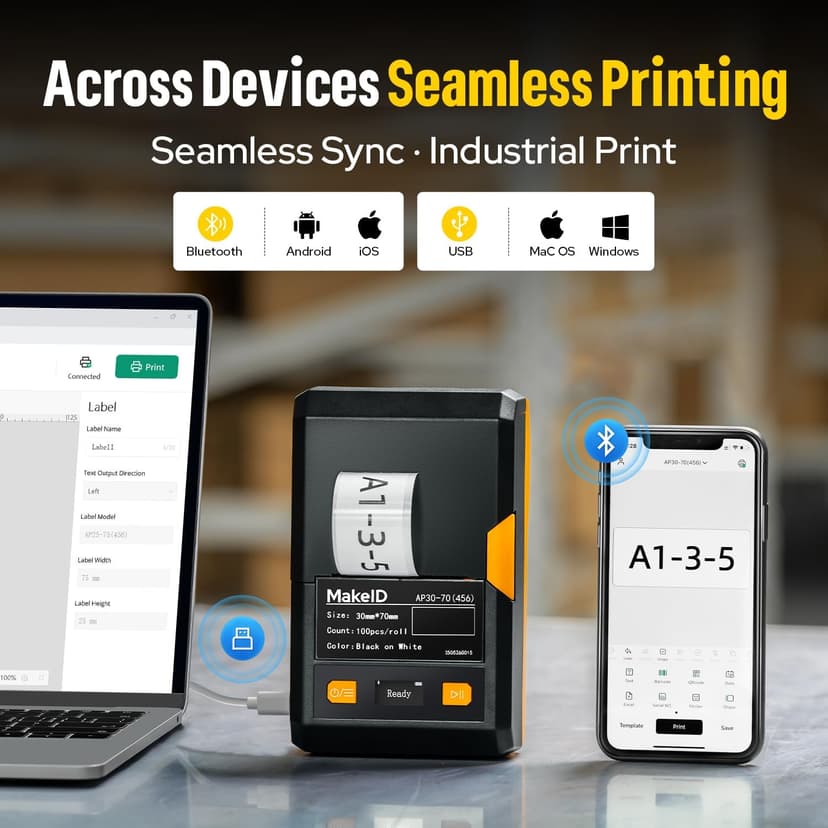 Makeid EP53 Portable Industrial Label Maker, 2" Print Head Bluetooth Label Printer, Mobile APP & PC Editor Compatible, 2000mAh Li-ion Battery, Come with 1" H x 2" W Label for Job Sites