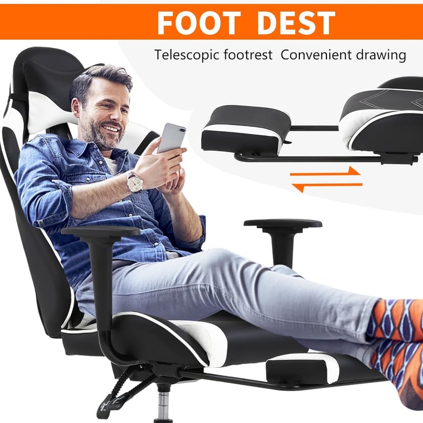 High Back PU Leather Gaming Chair with Headrest & Lumbar Support, Height Adjustable Wide Seat Gamer Chair for Adults, Game Chair with Footrest & Armrest