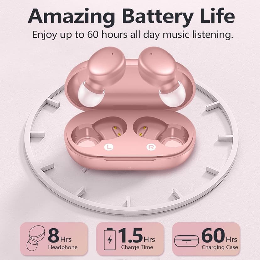 MOZOTER S8 Mini Wireless Earbuds Bluetooth 5.3 in Ear Light-Weight Headphones,60Hrs Playtime Ear Buds with Charging Case,Bluetooth Headsets,Premium Sound with Deep Bass for Sport-Pink