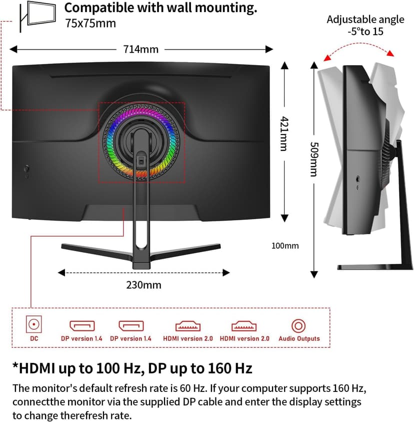 PIJ 32" Curved Gaming Monitor 4K, 160Hz UHD PC Monitor Built-in Speakers, Computer Screen for Home Office Entertainment, DP, HDMI, VA Panel, Compatible with Wall Mounting 75 * 75MM