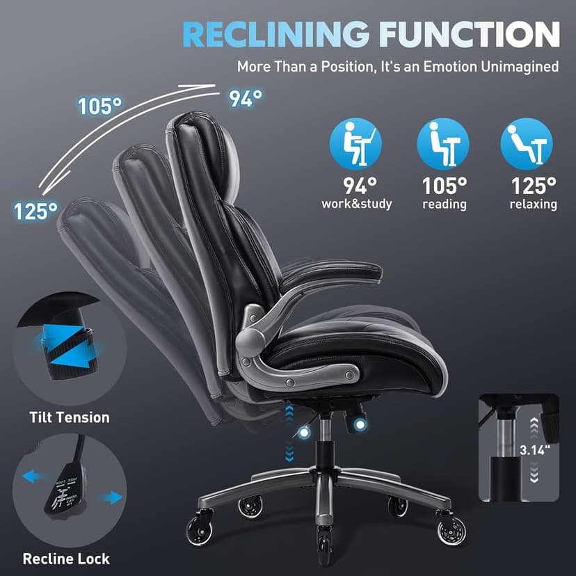 MALOL 300lbs Ergonomic PU Leather Office Chairs, High-Back y Home Computer Executive Chair with Lumbar Support and Flip-Up Arms, Black