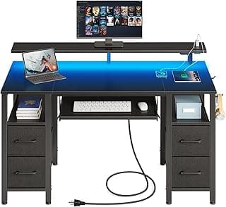 Seventable Computer Desk 47.2" with LED Lights & Power Outlets, Home Office Desk with 4 Drawers, Writing Desk with Keyboard Tray, Study Table with Monitor Stand, Work Desks for Home Office, Black