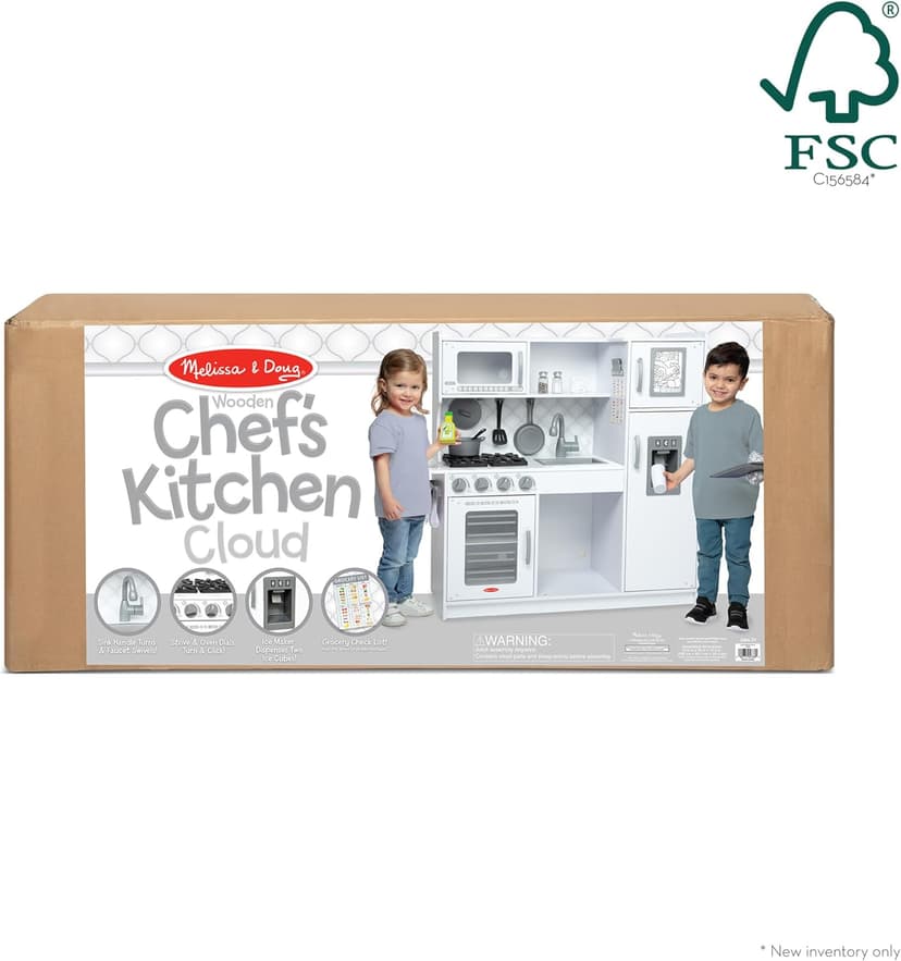 Melissa & Doug Wooden Chef’s Pretend Play Toy Kitchen with “Ice” Cube Dispenser – Cloud White, Kids Kitchen Play Set, for Toddlers and Kids Ages 3+ - FSC Certified