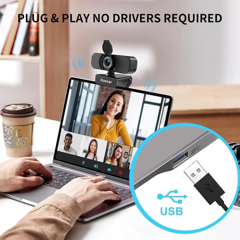 Vuexar Full HD 1080P Webcam with Microphone, Noise-Canceling, Privacy Cover, Wide-Angle Lens, Auto Light Correction, Plug & Play USB Web Camera for Laptop, Desktop, PC, Mac, Zoom, Skype – Pro Series