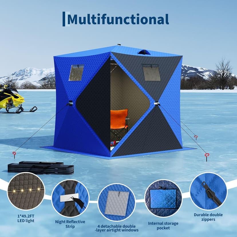 Garvee Pop Up Ice Fishing Shelter and Insulated Ice Fishing Tent with 49ft LED Light Strip, Windproof Portable Hub Design, Fits 1-8 People, 25-69 sq ft Fishable Area, Blue+Black