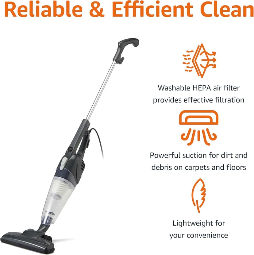 Amazon Basics 2-in-1 Corded Stick Vacuum Cleaner, Convertible to Handheld, Lightweight (3.9 LBS), with Washable HEPA Filter, Crevice Tools, 0.5L Dust Cup, 19.7-Ft Cord, 300W, Black